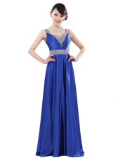 Hot Sale Empire Prom Dress Royal Blue V-neck Elastic Woven Satin Sleeveless Floor Length Zipper