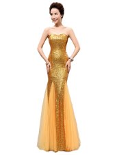 Popular Mermaid Gold Sequined Zipper Prom Party Dress Sleeveless Floor Length Sequins