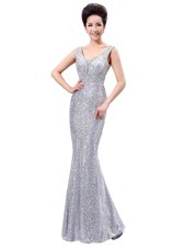 Excellent Silver Prom Party Dress Prom and Party and For with Sequins V-neck Sleeveless Zipper