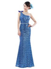 Customized One Shoulder Sleeveless Zipper Floor Length Sequins Prom Dress