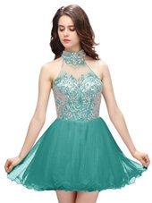 Cheap A-line Club Wear Teal High-neck Organza Sleeveless Mini Length Zipper