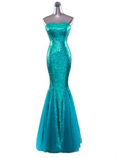Sumptuous Mermaid Turquoise Strapless Neckline Sequins Prom Dress Sleeveless Zipper