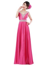 Beautiful Hot Pink Empire Beading Evening Dress Zipper Elastic Woven Satin Sleeveless Floor Length
