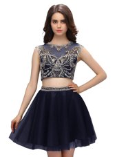 Artistic Scoop Sleeveless Casual Dresses Mini Length Beading Navy Blue Tulle