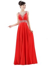Cute Red Chiffon Zipper Dress for Prom Sleeveless Floor Length Beading