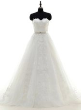 Sophisticated White Satin and Lace Zipper Sweetheart Sleeveless With Train Bridal Gown Brush Train Sashes|ribbons