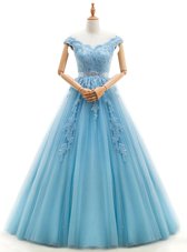 Exceptional Baby Blue V-neck Lace Up Beading and Appliques Wedding Gown Cap Sleeves