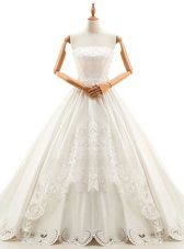Artistic White Lace Up Wedding Gowns Appliques Sleeveless With Train Cathedral Train