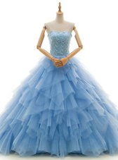 Cheap Baby Blue Wedding Gowns Wedding Party and For with Beading and Ruffles Strapless Sleeveless Court Train Lace Up