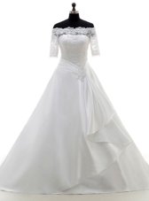 Chic White A-line Off The Shoulder Half Sleeves Satin With Brush Train Clasp Handle Lace Wedding Dress