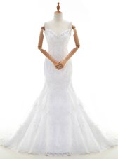 Mermaid Lace Sleeveless With Train Wedding Dress Court Train and Beading and Lace