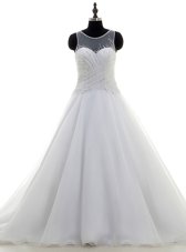 Simple Scoop Beading Wedding Dress White Zipper Sleeveless With Train Sweep Train