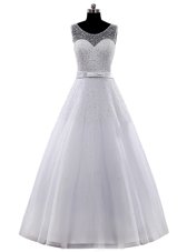 Scoop White Sleeveless Beading and Belt Floor Length Wedding Dress