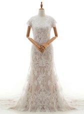 Custom Made Mermaid White Cap Sleeves With Train Lace and Appliques Clasp Handle Wedding Gown