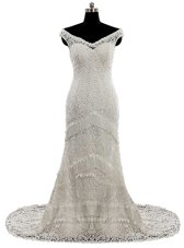 Trendy Lace and Sashes|ribbons Wedding Dresses White Zipper Cap Sleeves With Brush Train