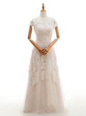 Best Selling Scoop With Train Column/Sheath Cap Sleeves Champagne Wedding Dress Court Train Clasp Handle