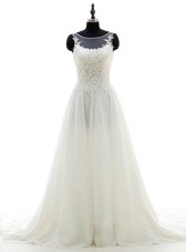 Scoop White Column/Sheath Lace Wedding Dresses Clasp Handle Chiffon Sleeveless With Train