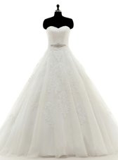 Sleeveless Brush Train Clasp Handle With Train Beading and Lace and Appliques Wedding Gowns