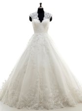 Dramatic White Lace Clasp Handle V-neck Cap Sleeves With Train Wedding Gowns Brush Train Lace and Appliques