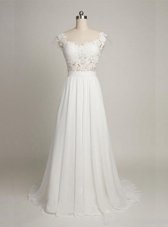 Flare Scoop Sleeveless Wedding Gown With Train Lace White Tulle