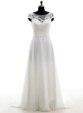 Dramatic Scoop Sleeveless With Train Lace and Bowknot Backless Wedding Dresses with White Brush Train