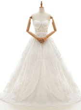 Graceful White A-line Lace and Appliques and Bowknot Bridal Gown Zipper Organza Sleeveless With Train