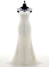 Scoop Cap Sleeves Lace Wedding Dresses Lace Brush Train Zipper