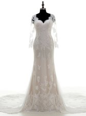 White 3|4 Length Sleeve With Train Lace and Appliques Clasp Handle Wedding Dresses