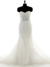 Fantastic White Mermaid Sweetheart Sleeveless Tulle With Brush Train Lace Up Lace Wedding Gown
