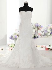 Perfect Mermaid White Lace Lace Up Sweetheart Sleeveless With Train Bridal Gown Court Train Lace