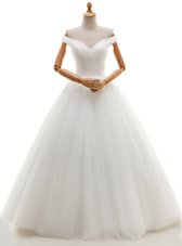 Clearance Off the Shoulder Floor Length Lace Up Wedding Dress White and In for Wedding Party with Ruching
