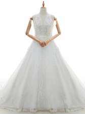 With Train Lace Up Wedding Gown White and In for Wedding Party with Lace and Appliques Watteau Train