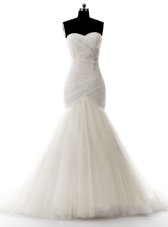 Excellent White Mermaid Sweetheart Sleeveless Tulle With Brush Train Zipper Beading Wedding Dresses