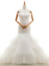 Eye-catching White Mermaid Organza Sweetheart Sleeveless Beading and Lace and Ruffled Layers With Train Clasp Handle Wedding Gowns Brush Train