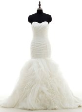 Best Mermaid Sweetheart Sleeveless Brush Train Lace Up Wedding Dress White Organza