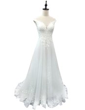 Edgy White Empire Tulle Scoop Sleeveless Lace With Train Clasp Handle Wedding Dress Brush Train