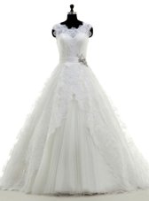 Best Lace Scoop Sleeveless Brush Train Clasp Handle Wedding Gowns White Tulle