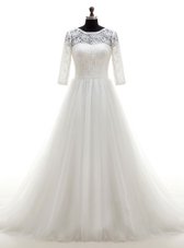 Mermaid Scoop With Train Lace Up Wedding Dress White and In for Wedding Party with Lace and Appliques Brush Train