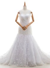 Exquisite Scoop White Sleeveless With Train Lace and Ruching Zipper Wedding Dress