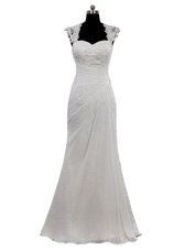 White Cap Sleeves Lace Floor Length Wedding Gowns