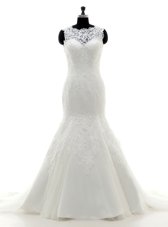Super Mermaid Scalloped White Sleeveless Tulle and Lace Brush Train Clasp Handle Wedding Gowns for Wedding Party
