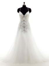 Trendy White Wedding Gown Wedding Party and For with Beading Halter Top Sleeveless Brush Train Criss Cross
