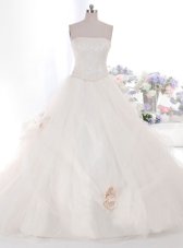With Train White Bridal Gown Strapless Sleeveless Brush Train Zipper