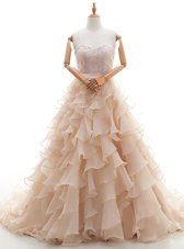 Organza Sweetheart Sleeveless Brush Train Lace Up Lace and Ruffled Layers Wedding Gown in Peach
