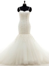 Beauteous Mermaid Sleeveless Brush Train Beading and Lace Lace Up Bridal Gown