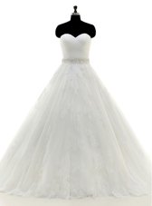 Popular Sleeveless Brush Train Beading and Lace and Appliques Clasp Handle Wedding Gowns