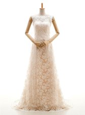 Champagne Lace Clasp Handle Bateau Sleeveless With Train Wedding Gown Sweep Train Lace