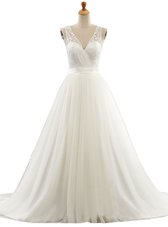 White Tulle Clasp Handle Wedding Gown Sleeveless With Brush Train Lace