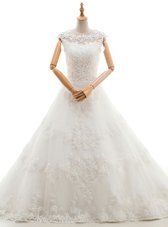 Sweet V-neck Sleeveless Lace Wedding Dresses Lace and Bowknot Brush Train Backless