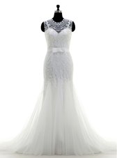 Mermaid Tulle Scoop Sleeveless Brush Train Zipper Beading Wedding Dresses in White